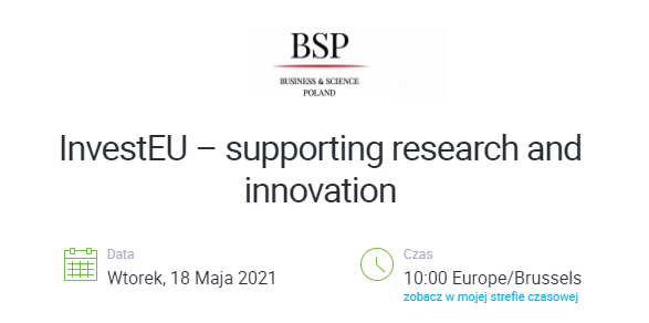 Grafika przedstawia zaproszenie na webinar InvestEU – supporting research and innovation 