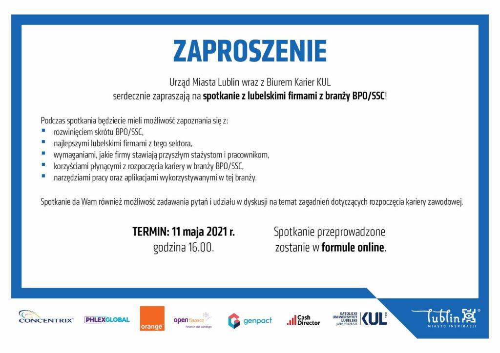 Grafika przedstawia zaproszenie z przedstawicielami lubelskich firm BPO/SSC