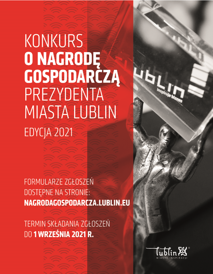 Grafika przedstawia plakat dot. Konkursu o Nagrodę Gospodarczą Prezydenta Miasta Lublin