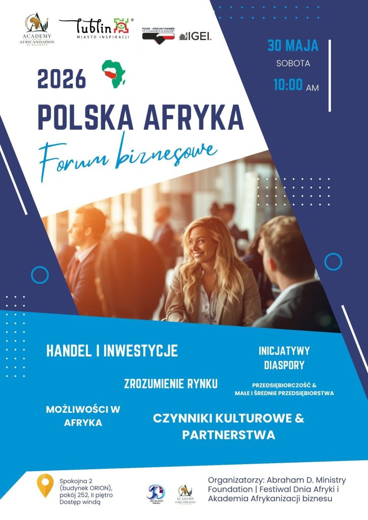 Plakat promocyjny. W centrum uśmiechnięta kobieta na spotkaniu biznesowym.